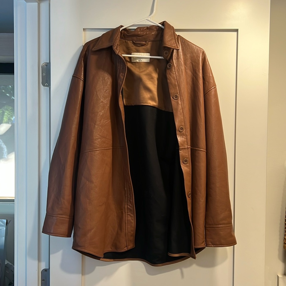 Aritzia x Babaton Pelli Shirt Leather Jacket x Brown x Size S - Picture 3 of 5